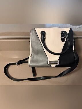 STEVE MADDEN Tricolor Structured Satchel Handbag - Black, Gray & Cream